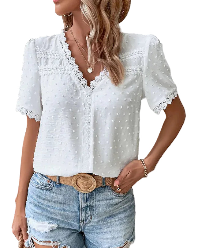 Dame Bluse med Blonde Detaljer og Korte Ærmer