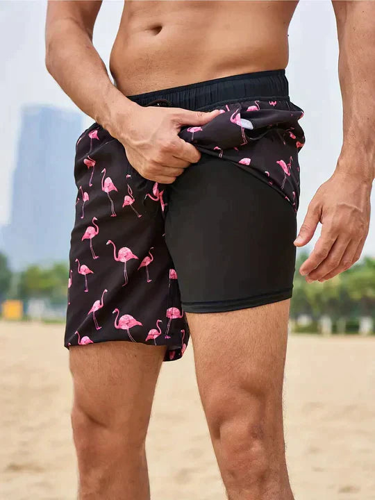 Herre Badeshorts 2-i-1 - Sort Flamingo