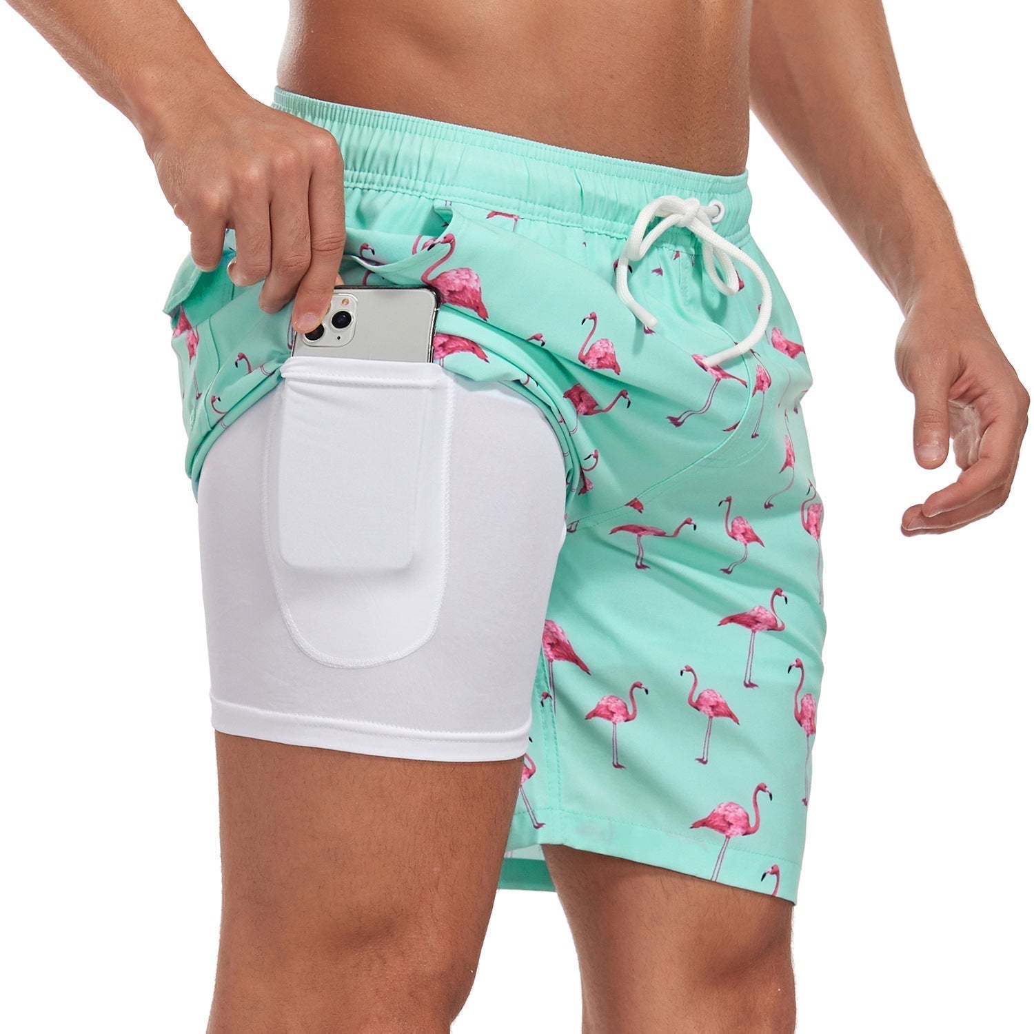 Herre Badeshorts 2-i-1 - Grøn Flamingo