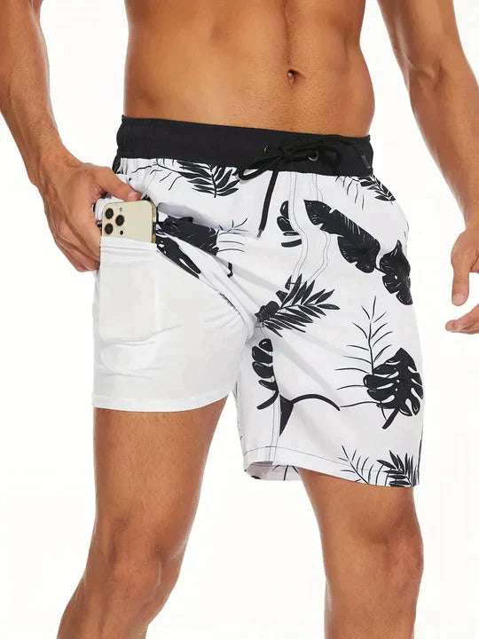 Herre Badeshorts 2-i-1 - Monokrome Blomster