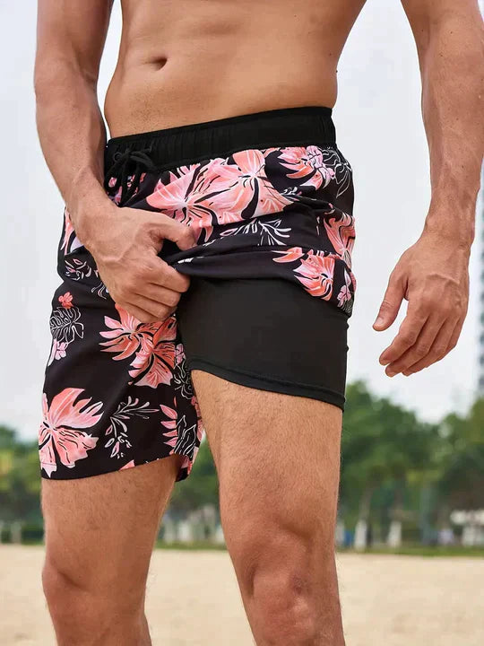 Herre Badeshorts 2-i-1 - Sort og Orange Flod
