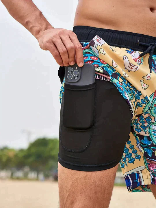Herre Badeshorts 2-i-1 - Gylden Blomst