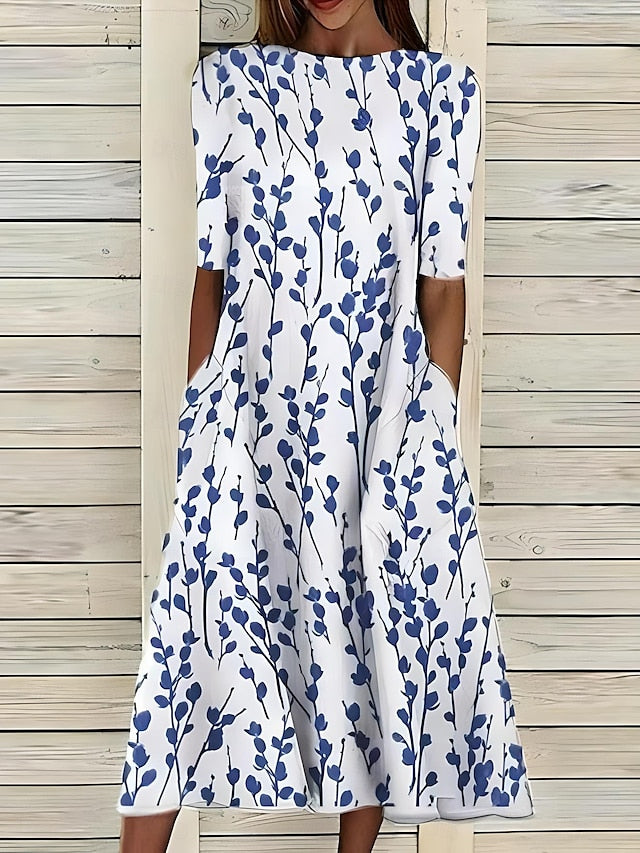 Dame Kortærmet Midi Kjole med Blomsterprint og Rund Halsudskæring