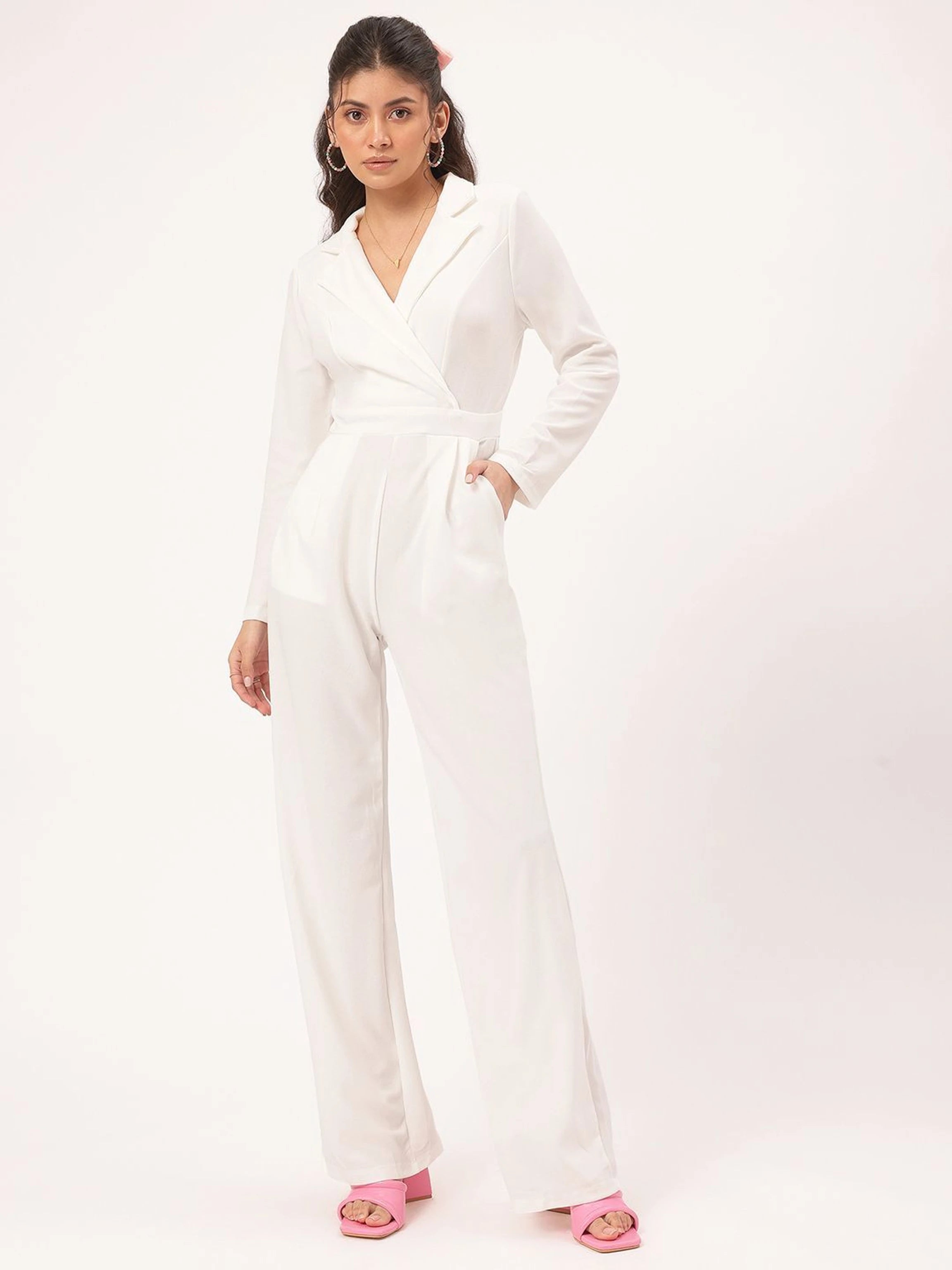Dame Jumpsuit med Lange Ærmer og V-Hals