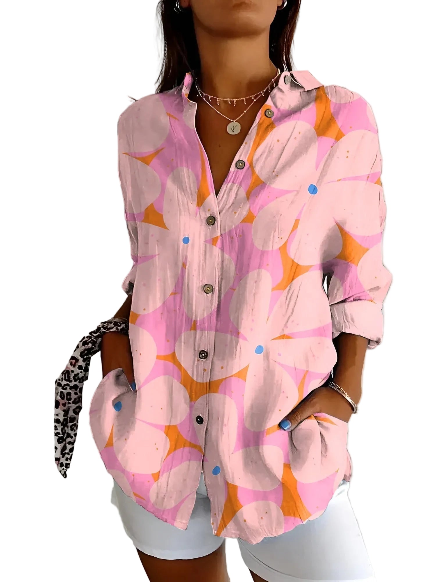 Kvinders Langærmet Button Down Skjorte med Blomsterprint