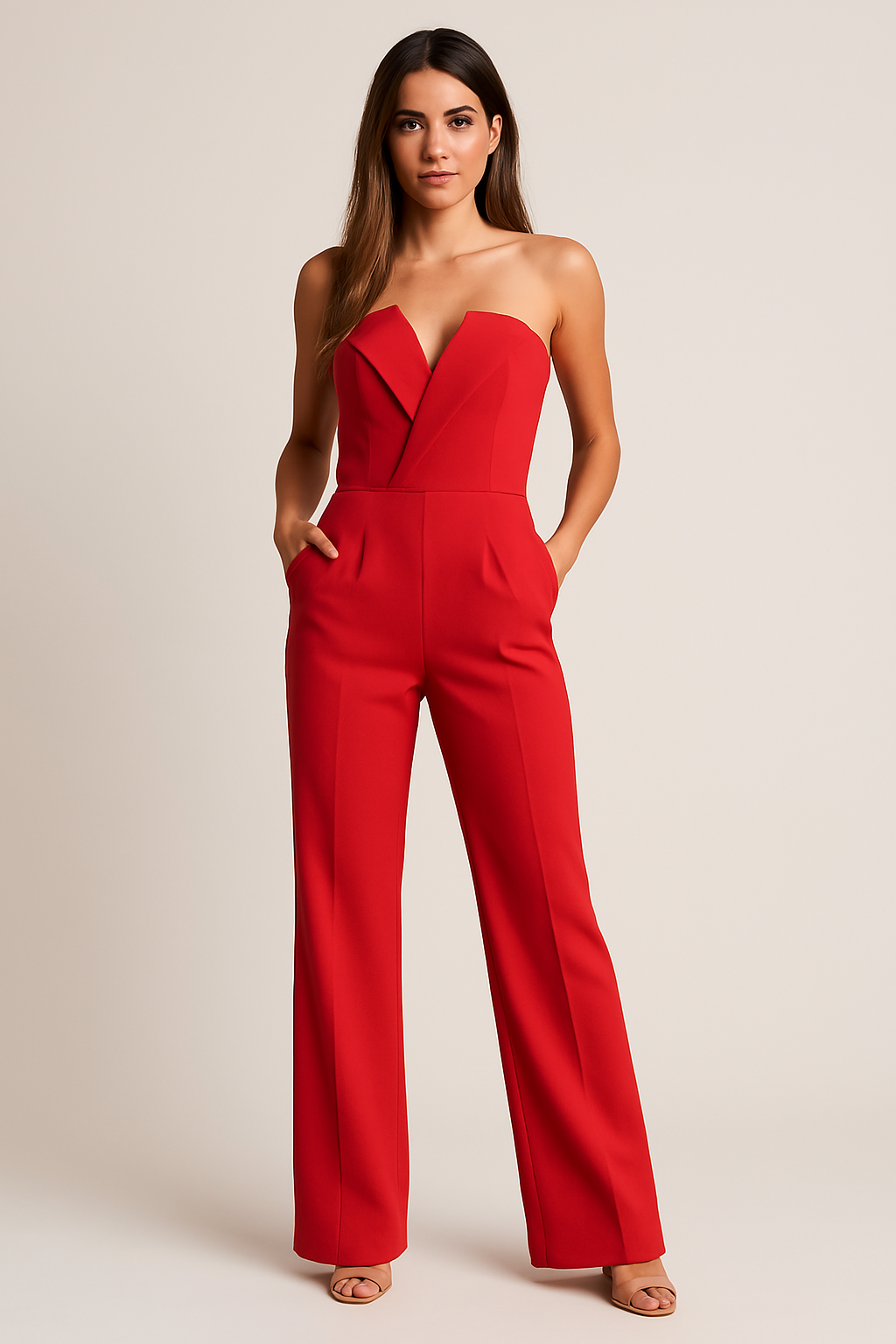Dame Ermeløs Jumpsuit med V-udskæring og Brede Bukser