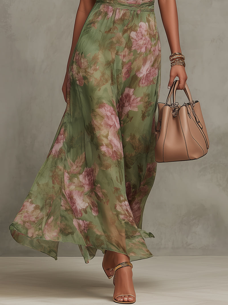 Dame Midi Kjole med Blomsterprint og Halterneck Udskæring